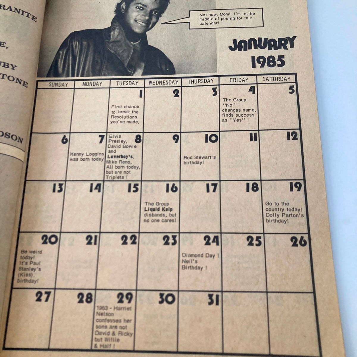 January 1985 calendar page from VTG Giant Cracked Magazine, featuring listings and a photo of a young artist, highlighting important dates in music history.