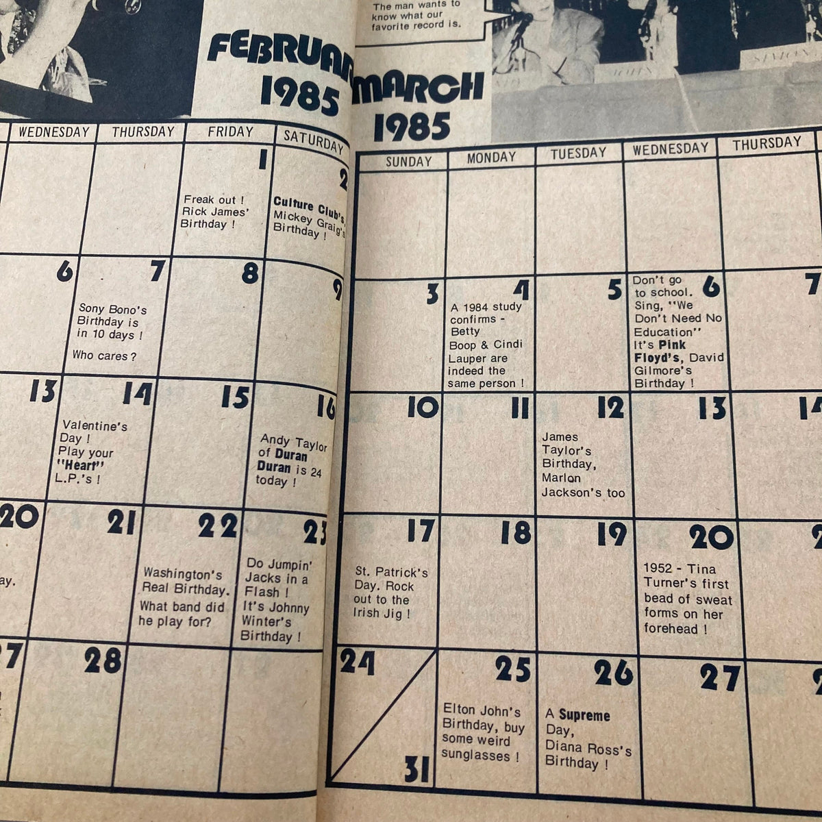 Calendar pages from the VTG Giant Cracked Magazine, March 1985, featuring notable rock star birthdays and events for February and March.