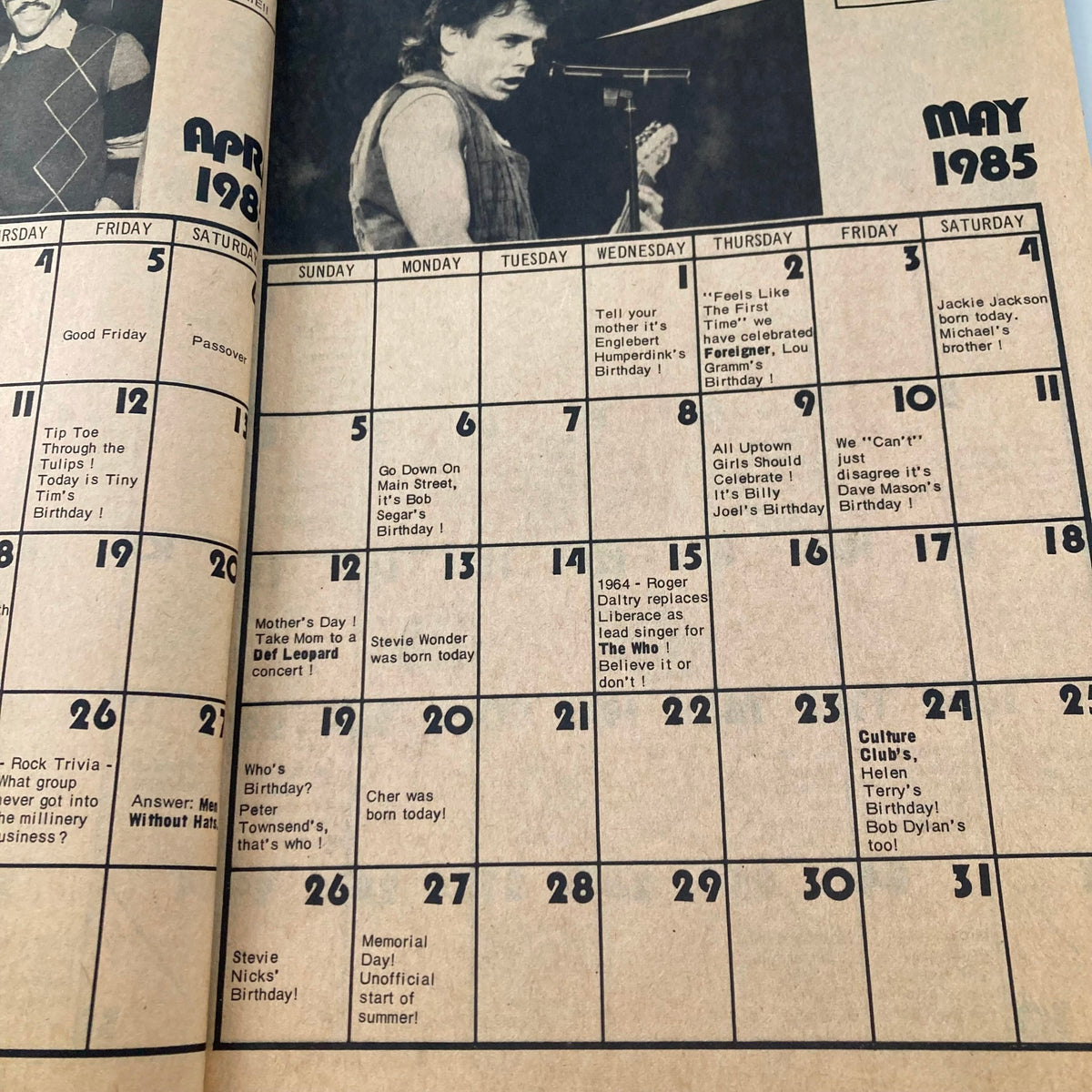Another view of the calendar pages from VTG Giant Cracked Magazine, March 1985, showing rock star birthdays and music-related events.