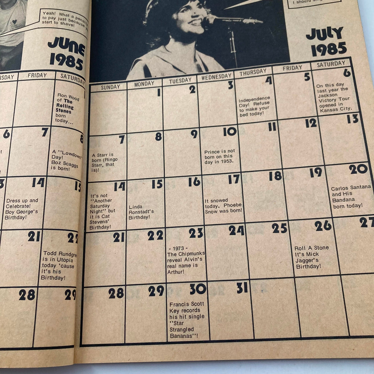 Continuation of the calendar from VTG Giant Cracked Magazine, March 1985, with notable dates and events in music history.