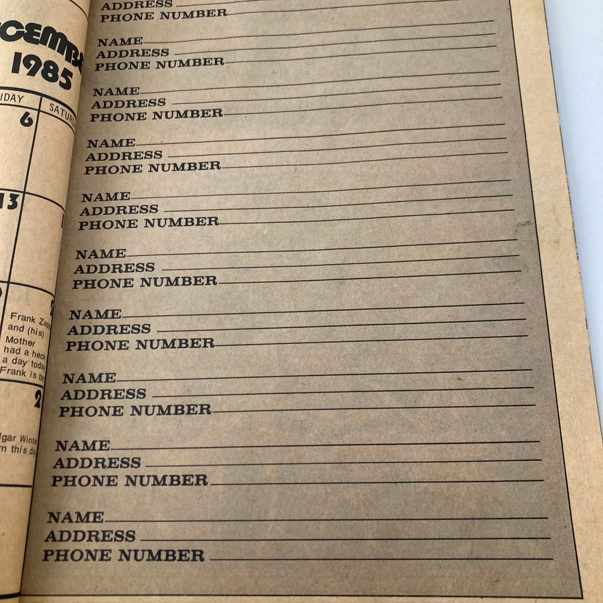 Interior page from the VTG Giant Cracked Magazine, March 1985, featuring a blank contact information list for personal notes.