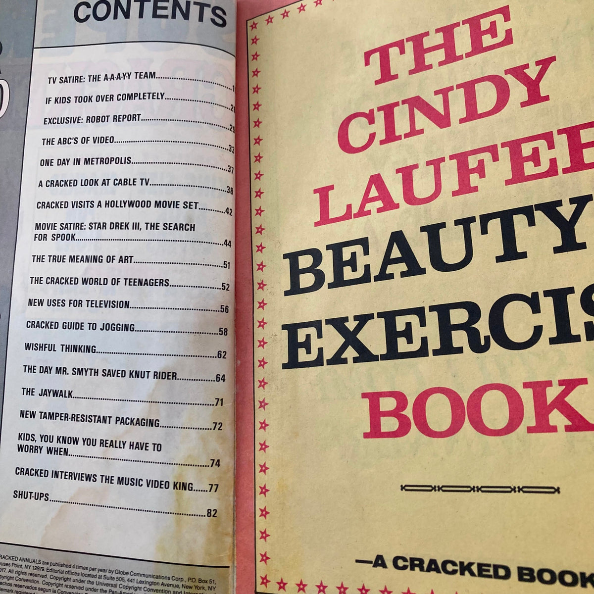 Interior page of VTG Super Cracked Magazine Winter 1986 No. 29 displaying the contents, including segments like 'The Jaywalk', 'Beauty Exercise Book', and various comedic topics characteristic of 1980s humor.