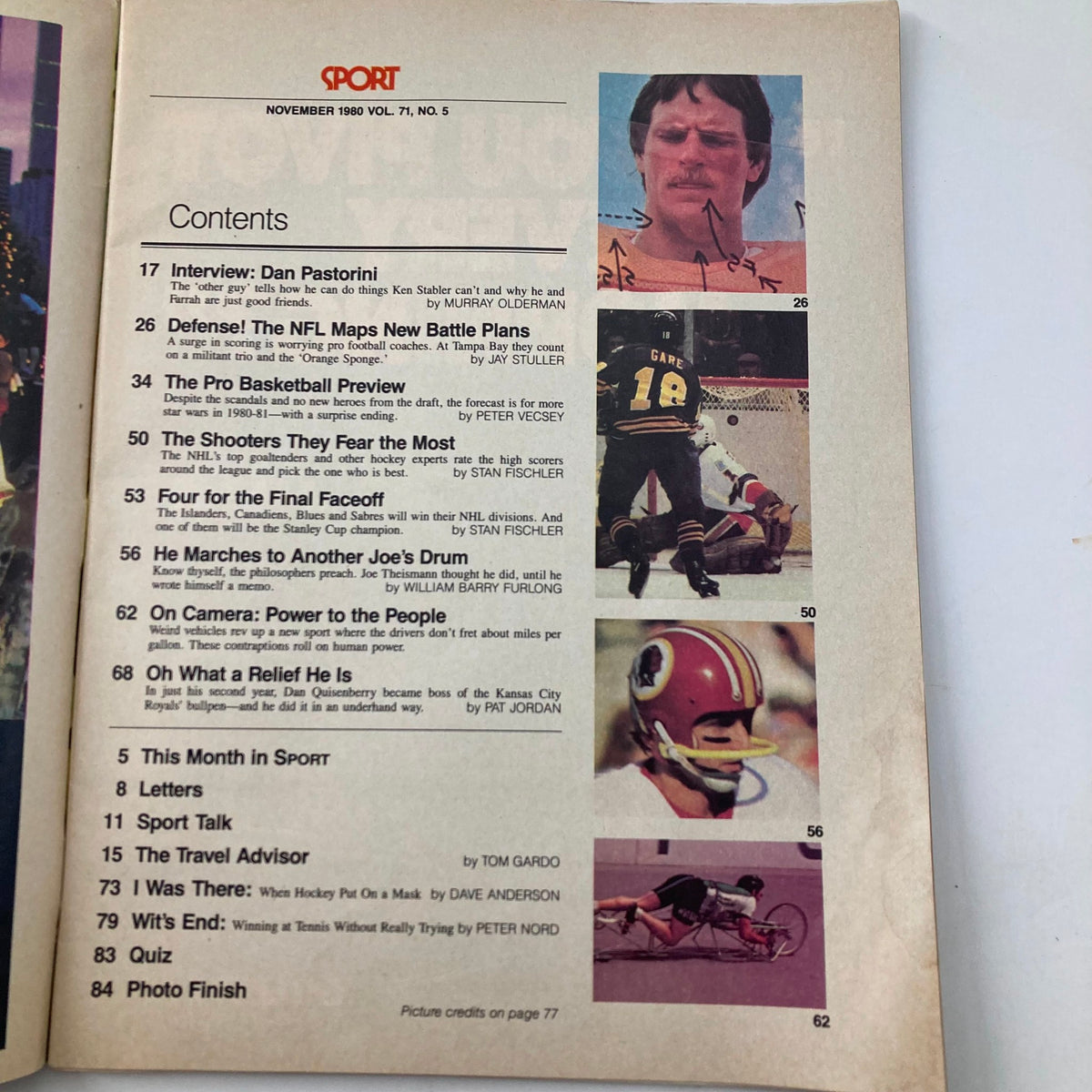 Contents page of the Sport Magazine November 1980, showcasing articles and features including an interview with Dan Pastorini and a Pro Basketball preview.