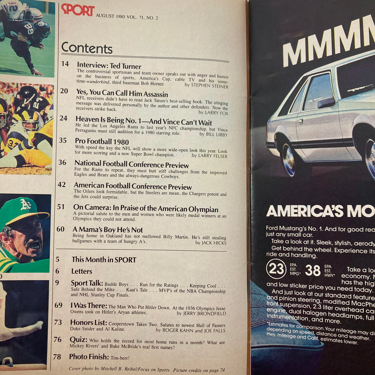 Interior page of VTG Sport Magazine August 1980 Vol 71 No. 2 displaying the contents section, highlighting articles and features about football, including player interviews and previews for the NFL season.