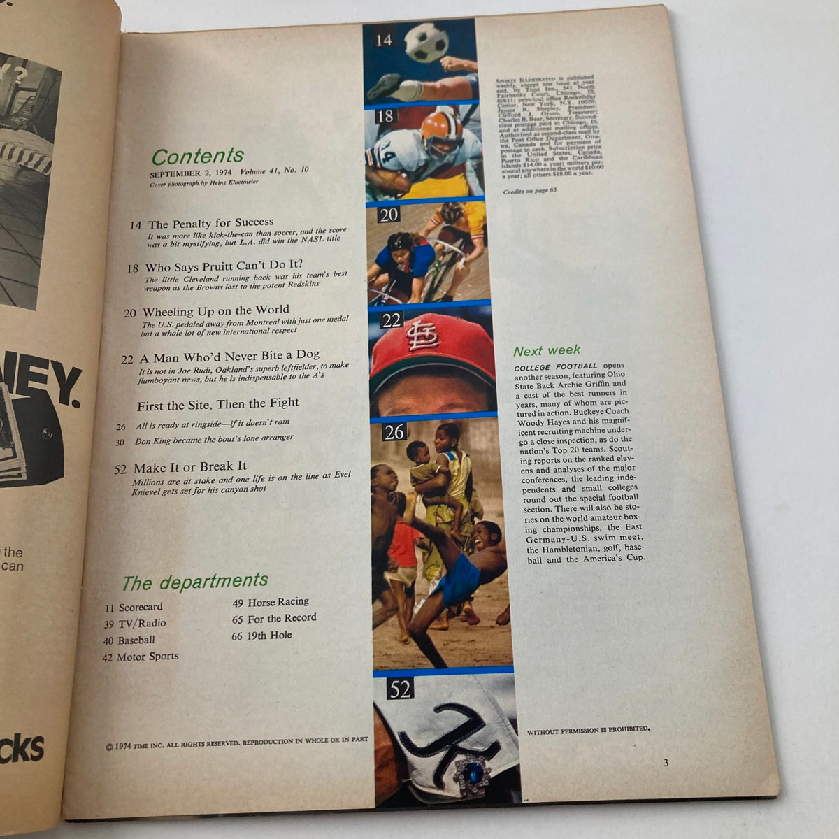 Contents page of the VTG Sports Illustrated Magazine September 2 1974 Vol 41 No. 10 featuring highlights of sports articles including soccer, football, and baseball.