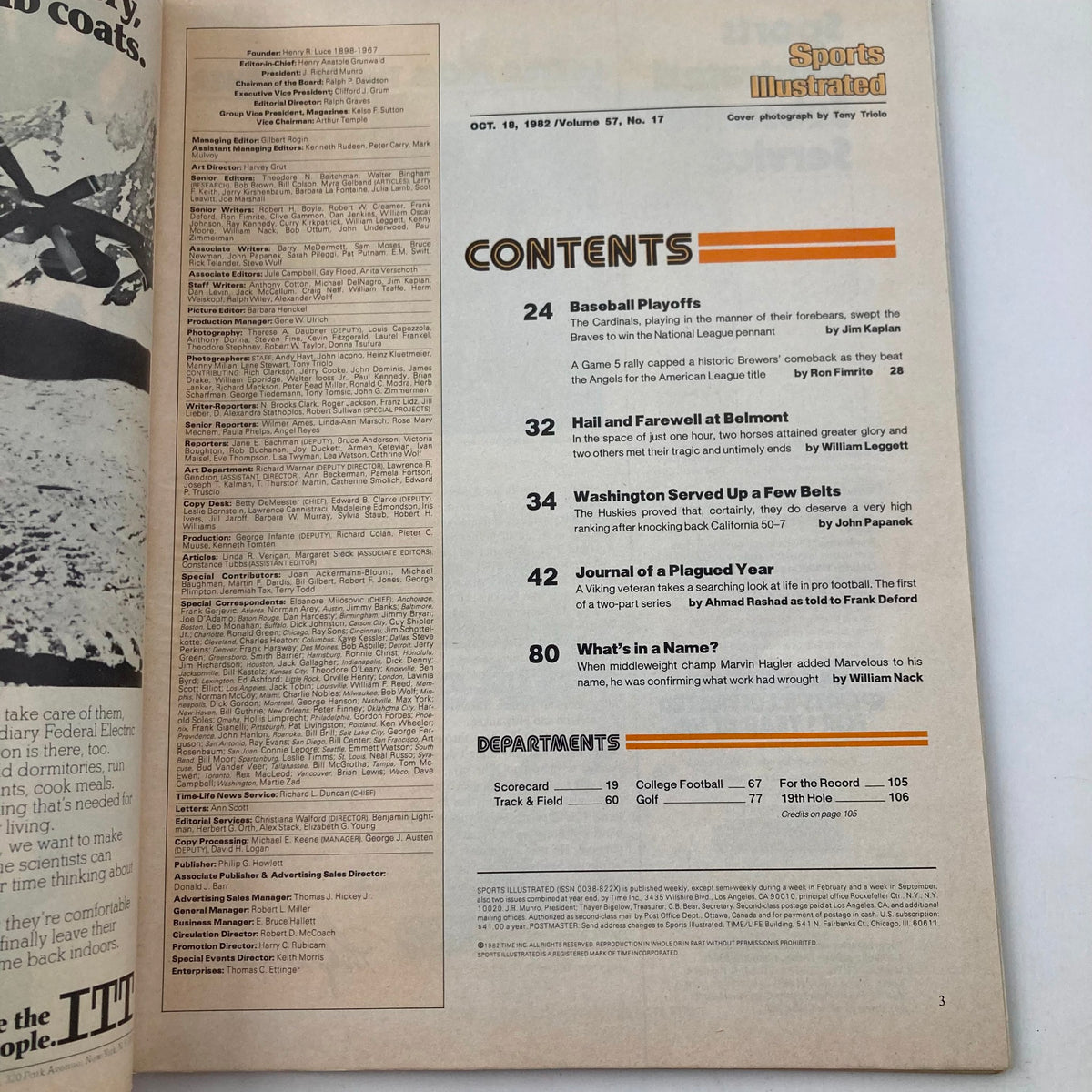 Contents page of the Sports Illustrated magazine from October 18, 1982 featuring the title 'VTG Sports Illustrated Magazine October 18 1982 Marvin Hagler No Label'. The page includes an overview of articles and departments, emphasizing coverage of baseball playoffs and sports highlights.