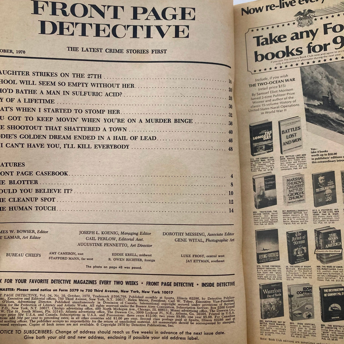 Inside page of Front Page Detective Magazine from October 1970, displaying the table of contents and various story titles including 'Who'd Bathe a Man in Sulfuric Acid?' This page offers a glimpse into the intriguing crime stories featured in this collectible publication.