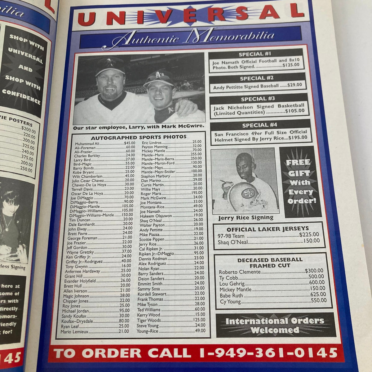 Inside page of the Tuff Stuff Magazine November 1998 displaying advertisements for autographed sports photos and memorabilia, emphasizing collectible items related to famous athletes including Mickey Mantle.