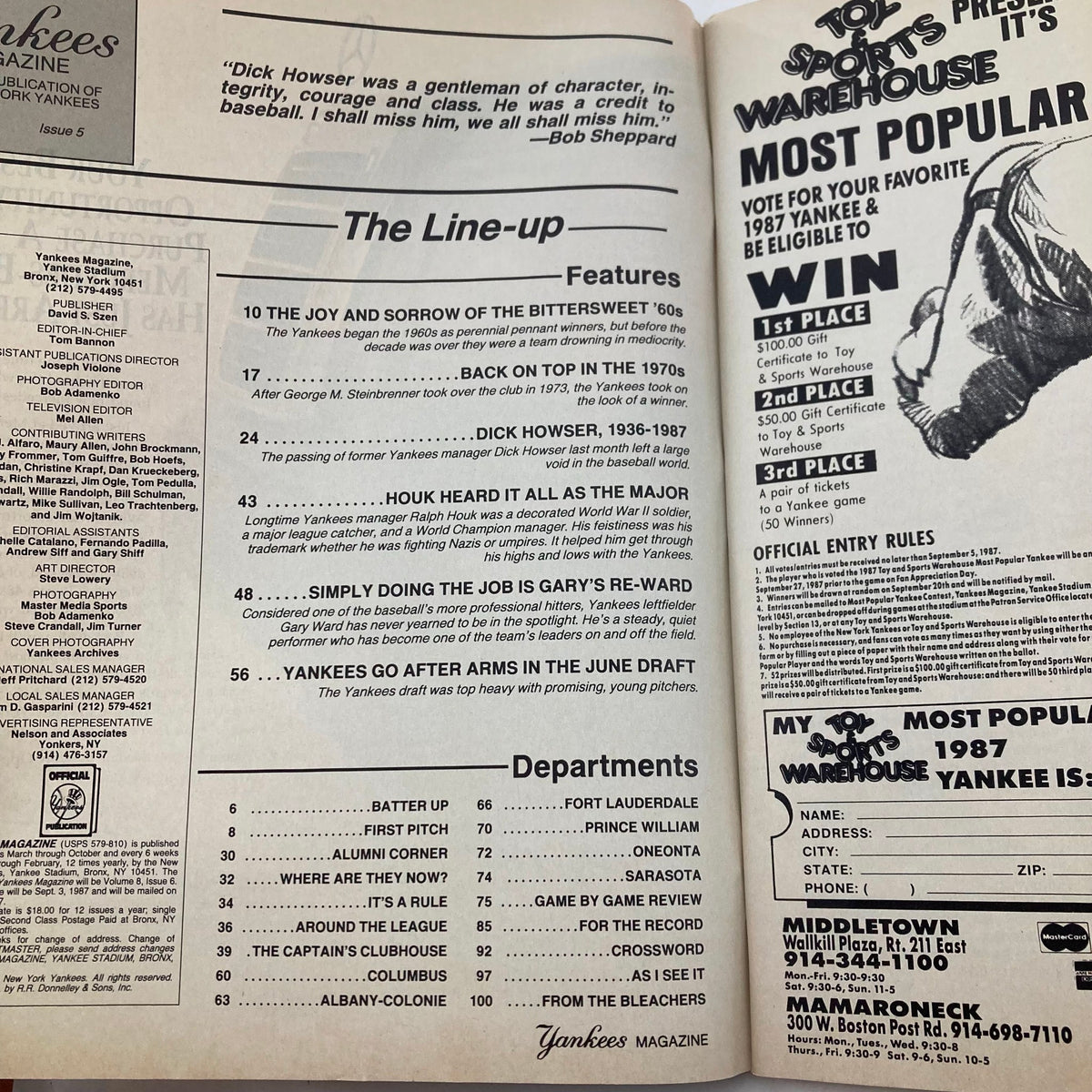 Interior page of VTG Yankees Magazine August 6 1987 Issue 5 showcasing the lineup and featured articles on famous Yankees players and history.