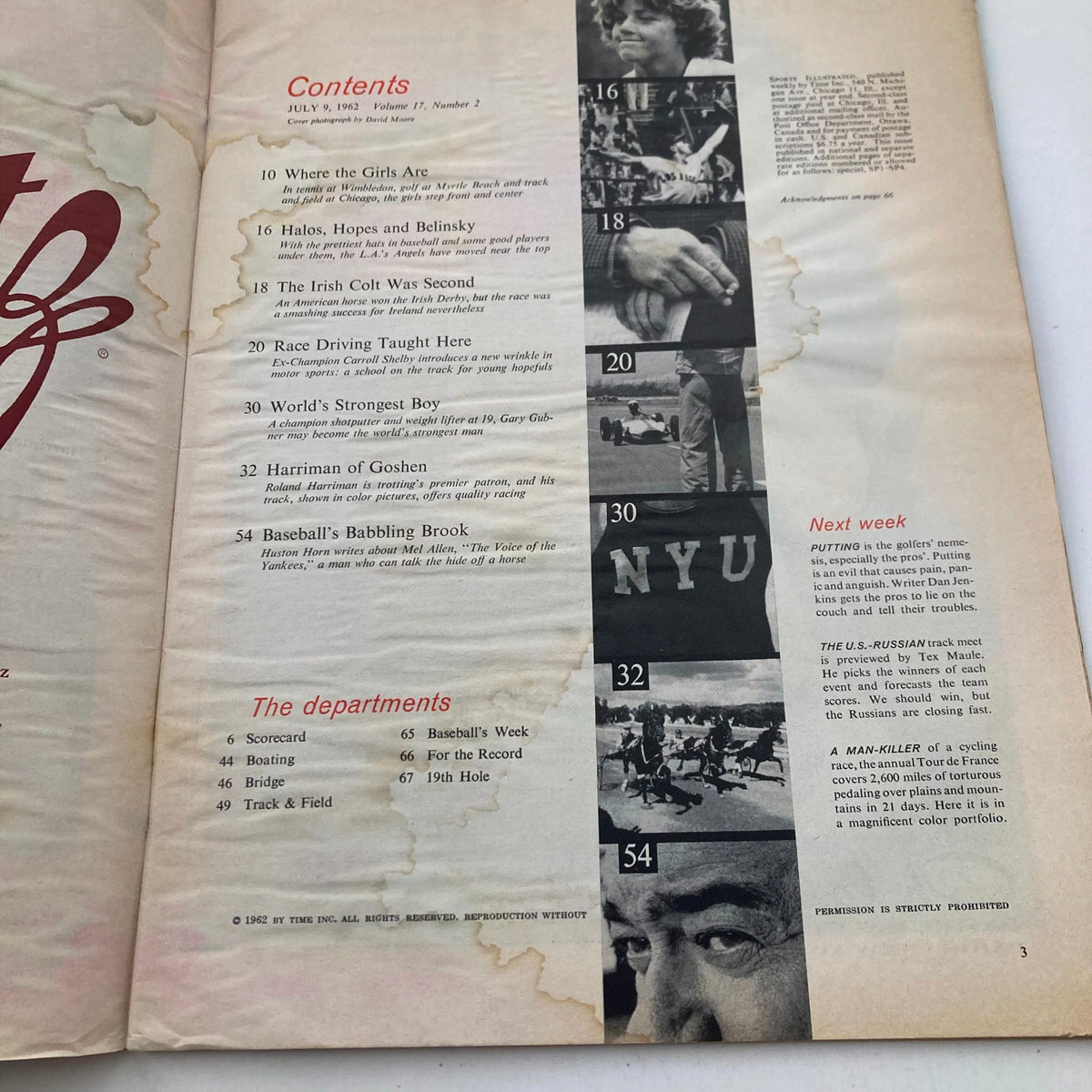 Contents page of the Vintage Sports Illustrated Magazine from July 9, 1962, detailing articles and features.