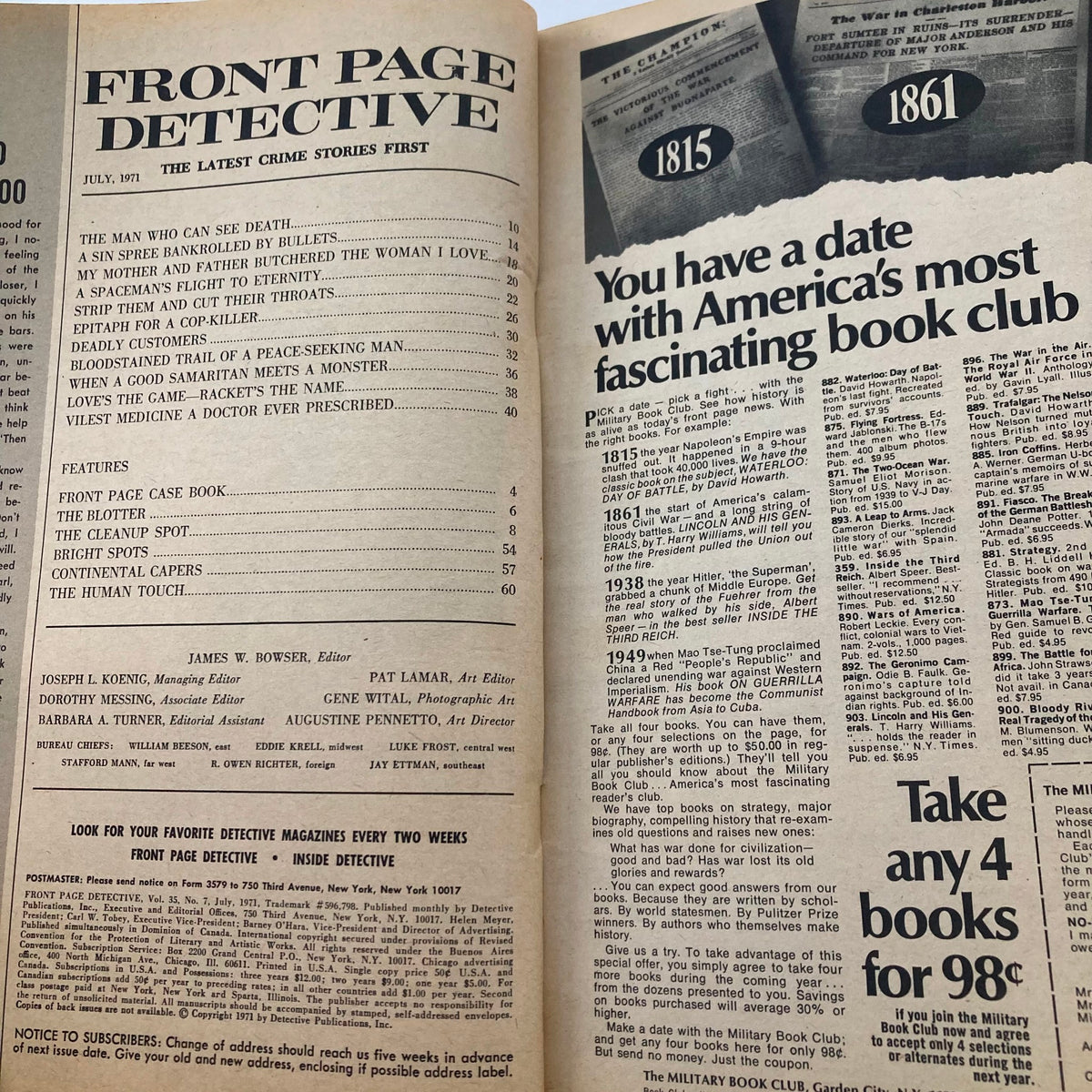 Inside page of Front Page Detective Magazine July 1971 showcasing the table of contents, highlighting various crime stories and features from that era.