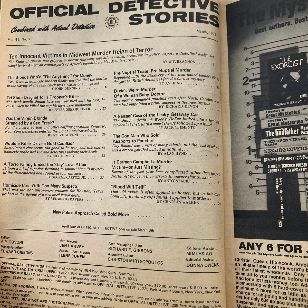 Interior page of Official Detective Stories Magazine from March 1973, showcasing the contents list including articles like 'Ten Innocent Victims in Midwest Murder Reign of Terror' and 'The Con Man Who Sold Passports to Paradise'.
