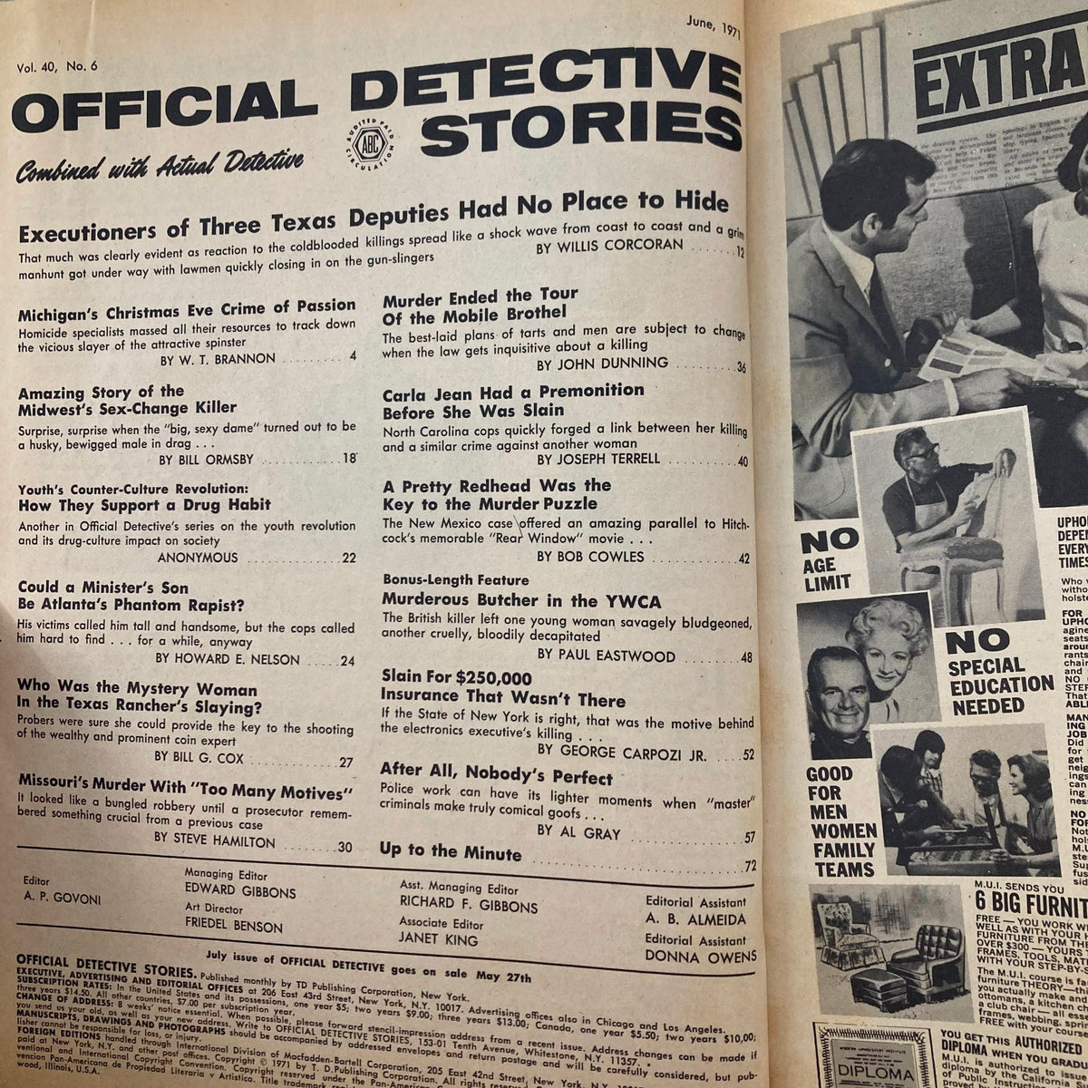 Inside page of Official Detective Stories Magazine from June 1971 displaying articles and features, including the story about the Midwest's Sex-Change Killer. The layout includes headings for several gripping crime stories and highlights the magazine's content.