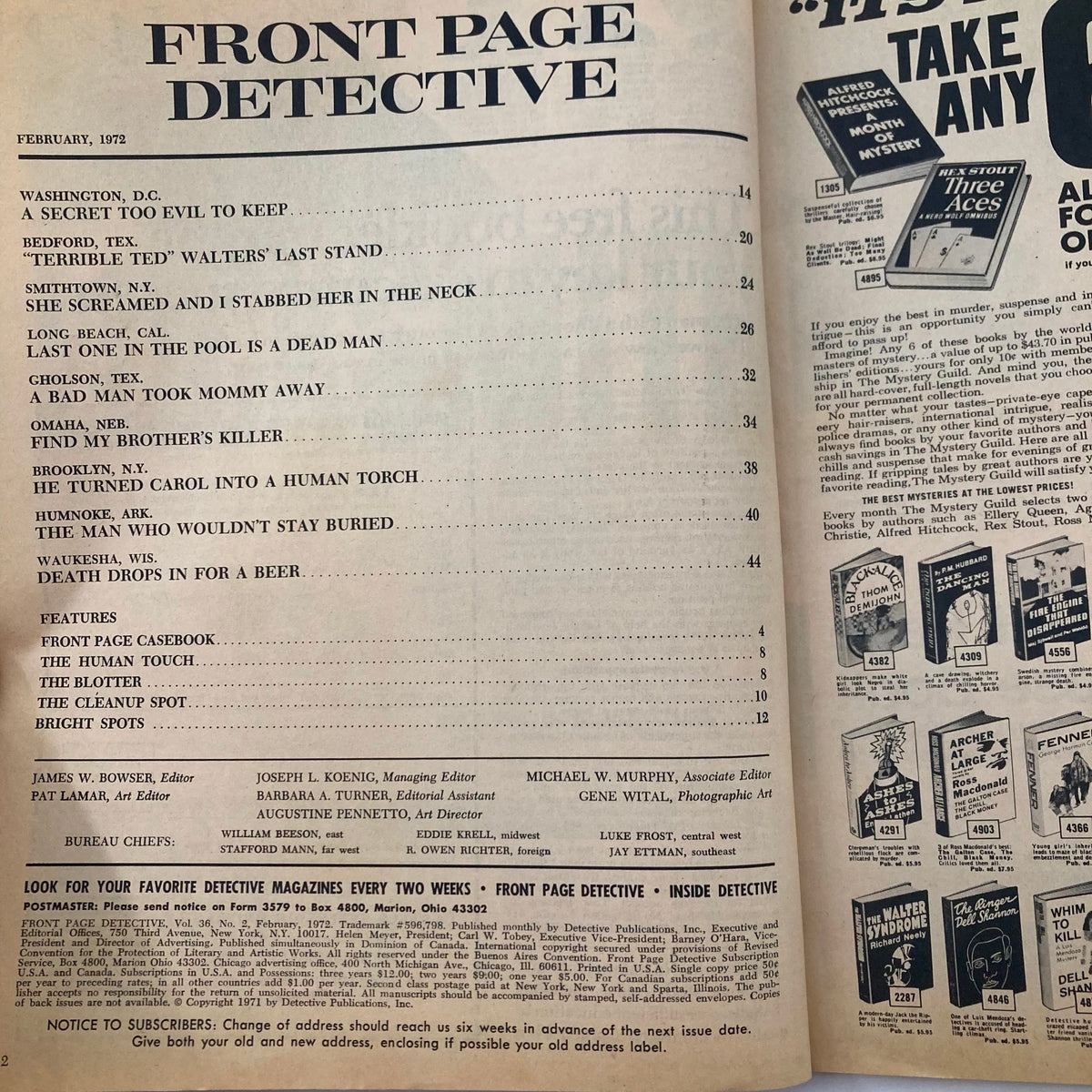 Inside page of the February 1972 Front Page Detective Magazine. Features a table of contents highlighting key articles, including 'Death Drops in for Beer' and 'He Turned Carol into a Human Torch,' showcasing the magazine's engaging crime stories.