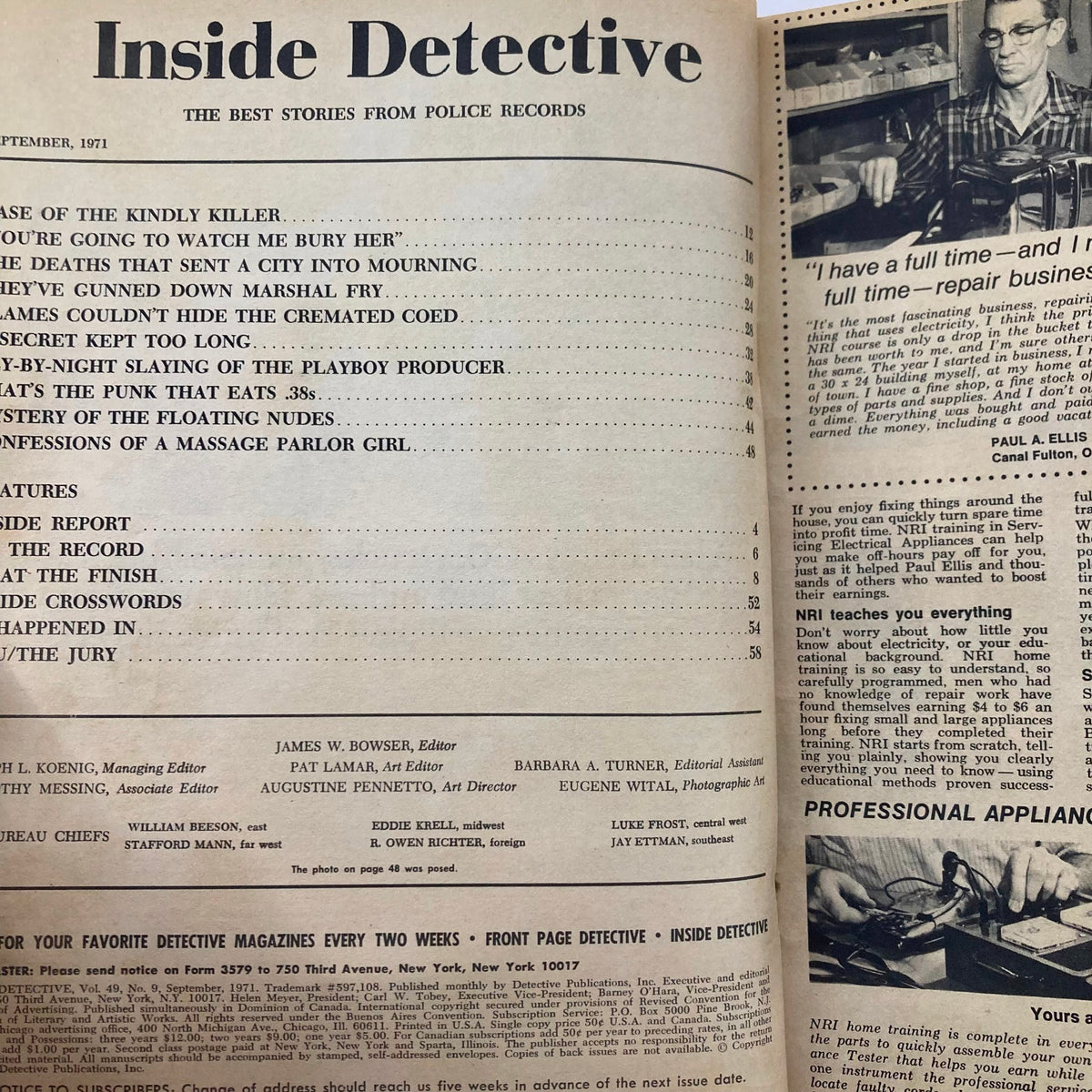 Inside Detective Magazine, September 1971, featuring the Case of the Kindly Killer, showcasing vintage articles and advertisements.