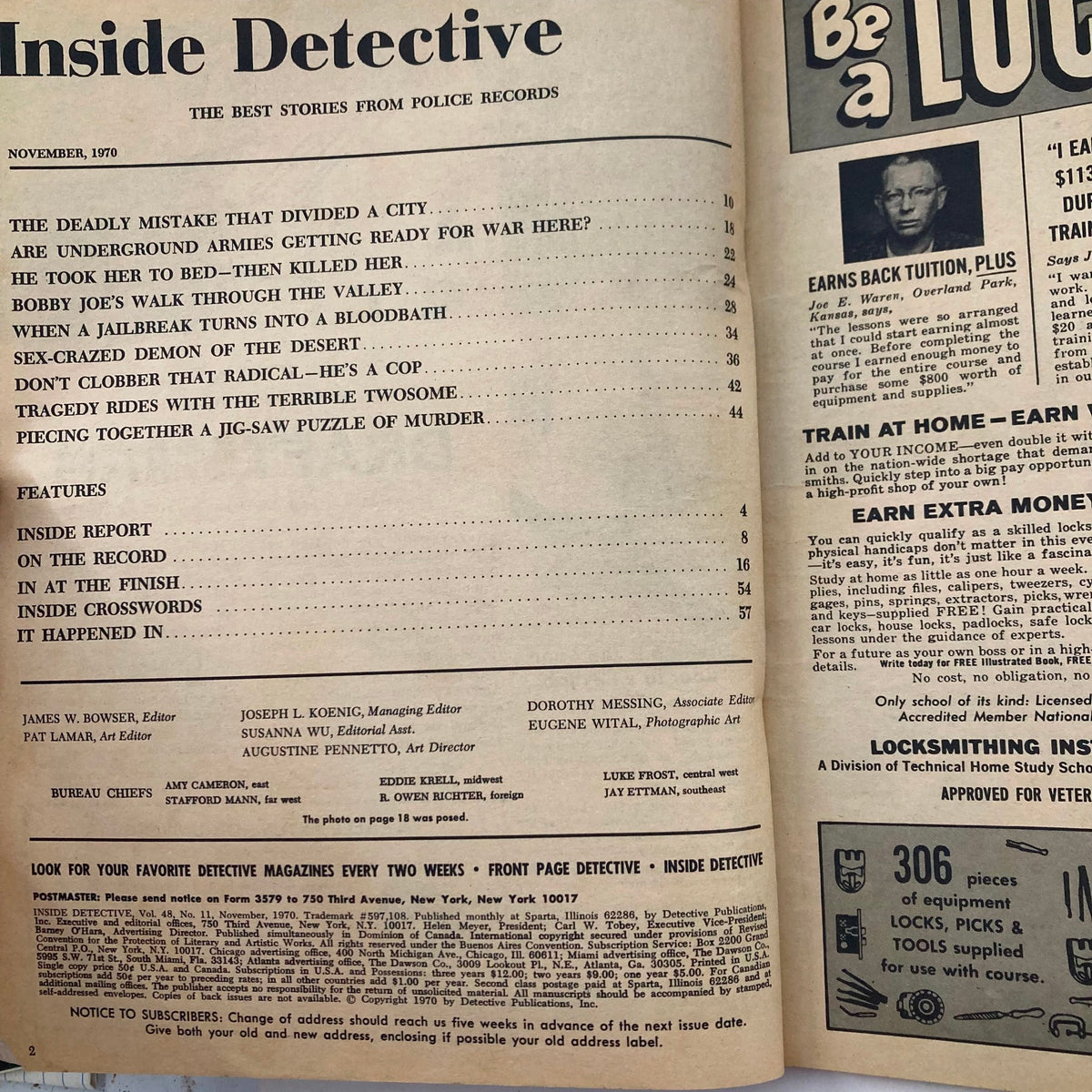 Inside page of VTG Inside Detective Magazine November 1970, displaying a table of contents with feature articles including 'Don't Clobber that Radical - He's a Cop' and other intriguing stories from the issue.