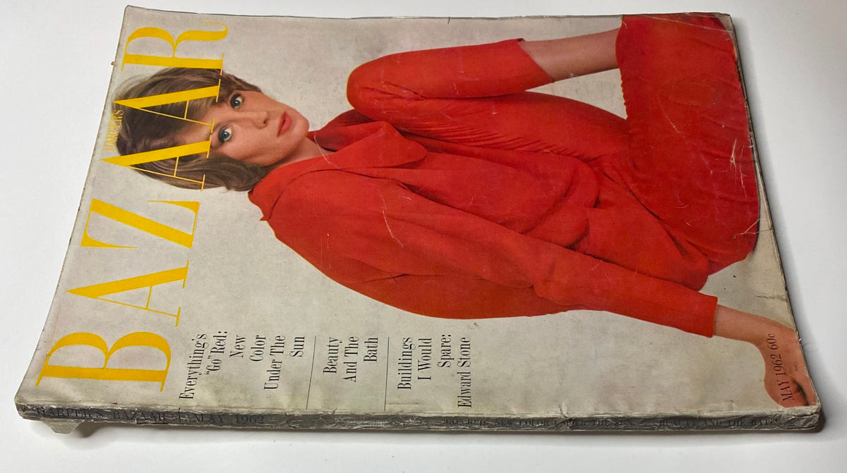Another view of the Harper's Bazaar Magazine May 1962 showcasing the iconic cover design. The model in a striking red suit underscores summer trends in fashion.
