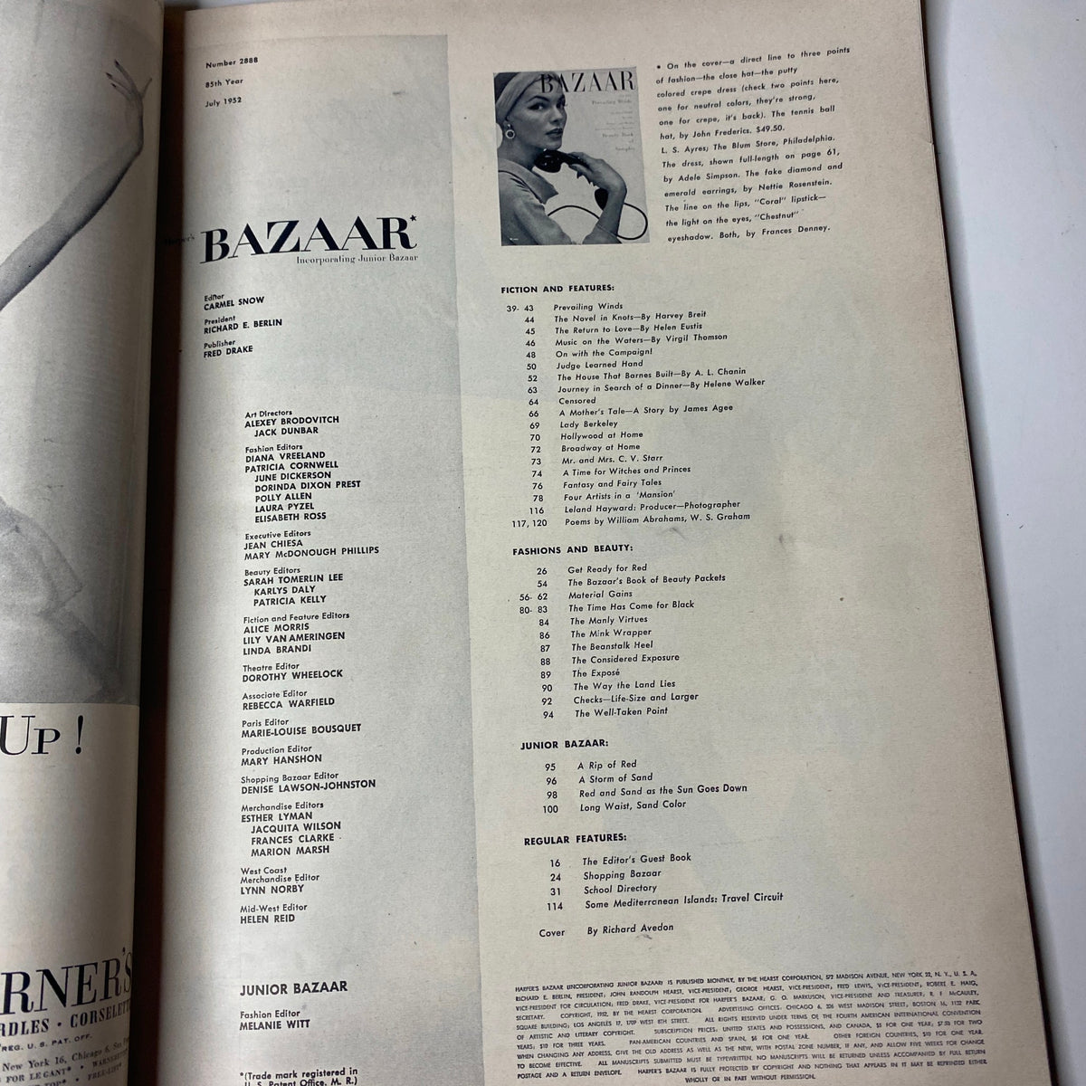 Table of contents page from the Harper's Bazaar Magazine July 1952 listing fiction, beauty, and fashion features.