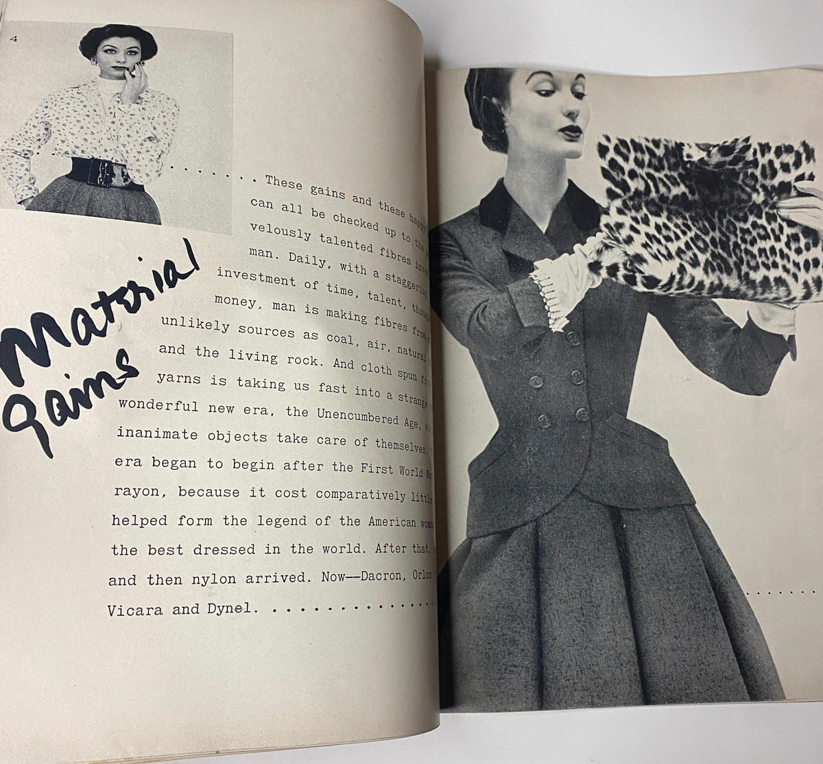 Material Gains page in the Harper's Bazaar Magazine July 1952 featuring a model holding a fashionable item, highlighting post-war fashion trends.