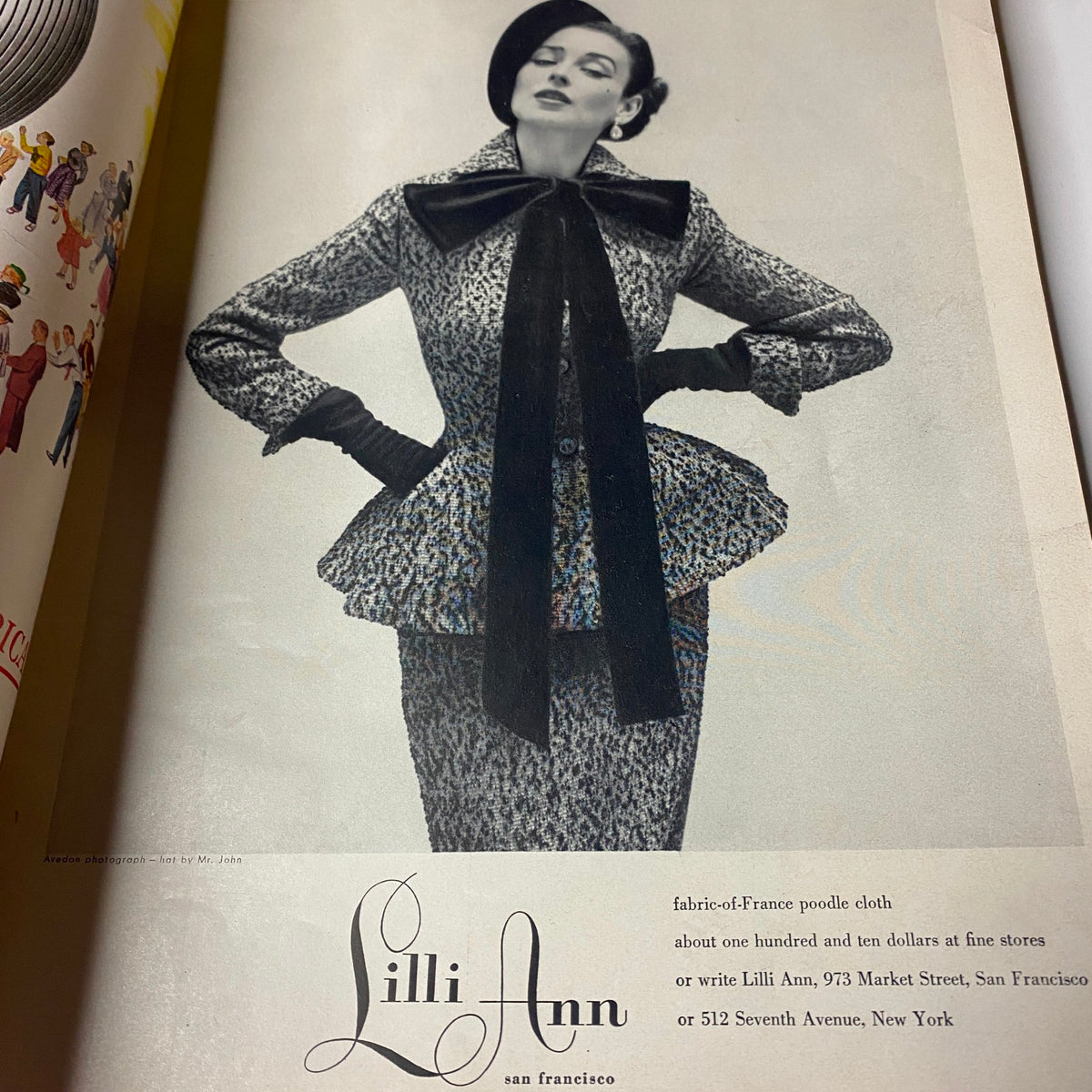 Harper's Bazaar Magazine July 1952 featuring a fashion advertisement for Lilli Ann with a model in a stylish peplum outfit. Cover photo by Richard Avedon.