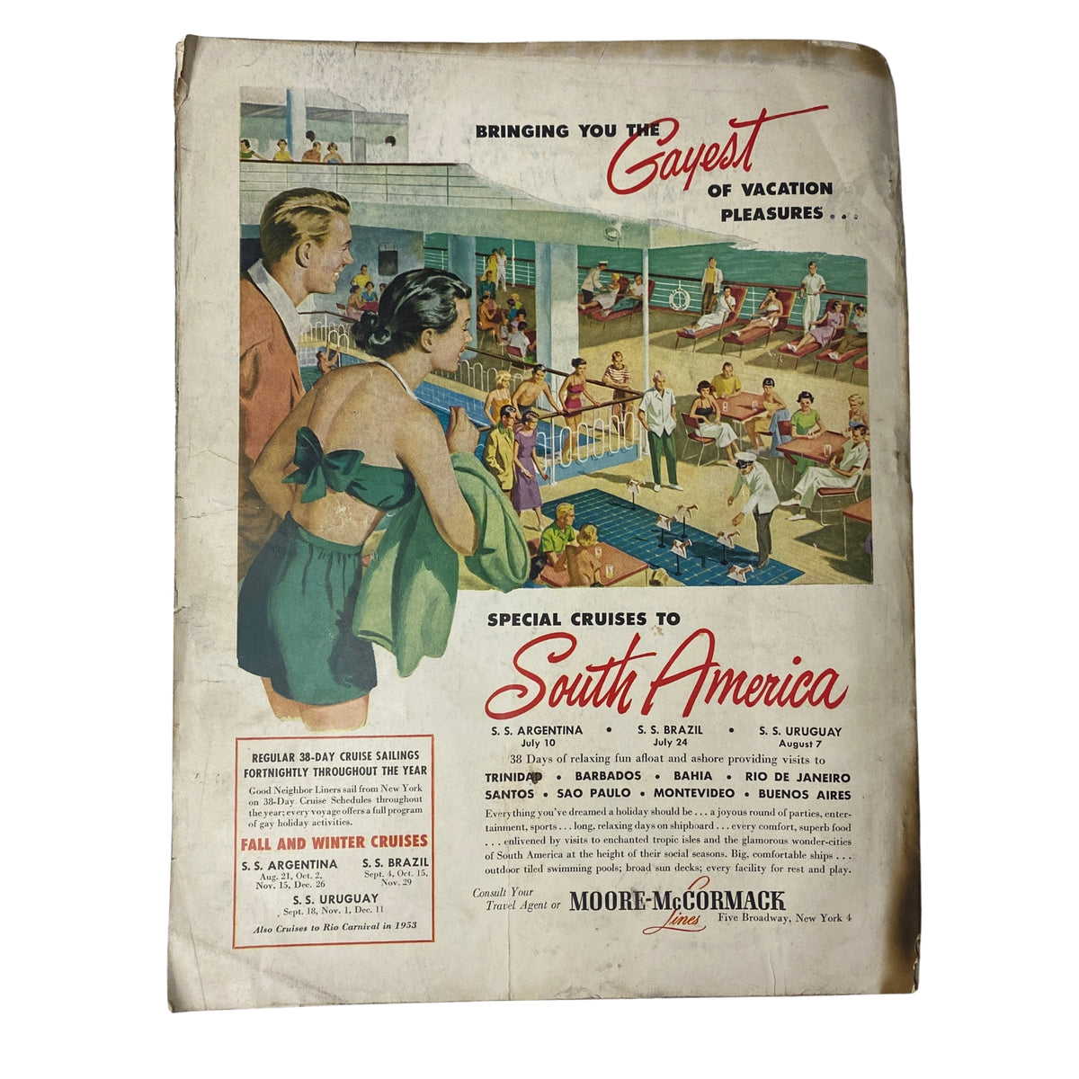 Vintage advertisement from Harper's Bazaar Magazine July 1952 promoting cruises to South America, highlighting a lively pool scene.