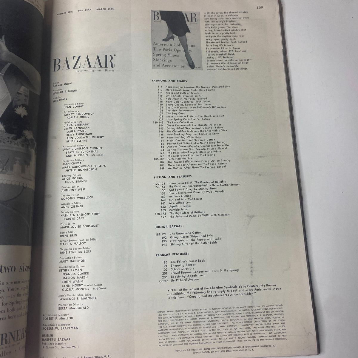 Table of Contents page from Harper's Bazaar Magazine March 1955, outlining Fashions and Beauty, Fiction and Features, Junior Bazaar, and Regular Features.