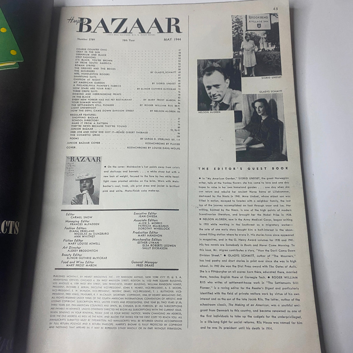 Harper's Bazaar Magazine May 1944 interior page featuring the Table of Contents with various article titles and contributions, highlighting fashion and cultural commentary.