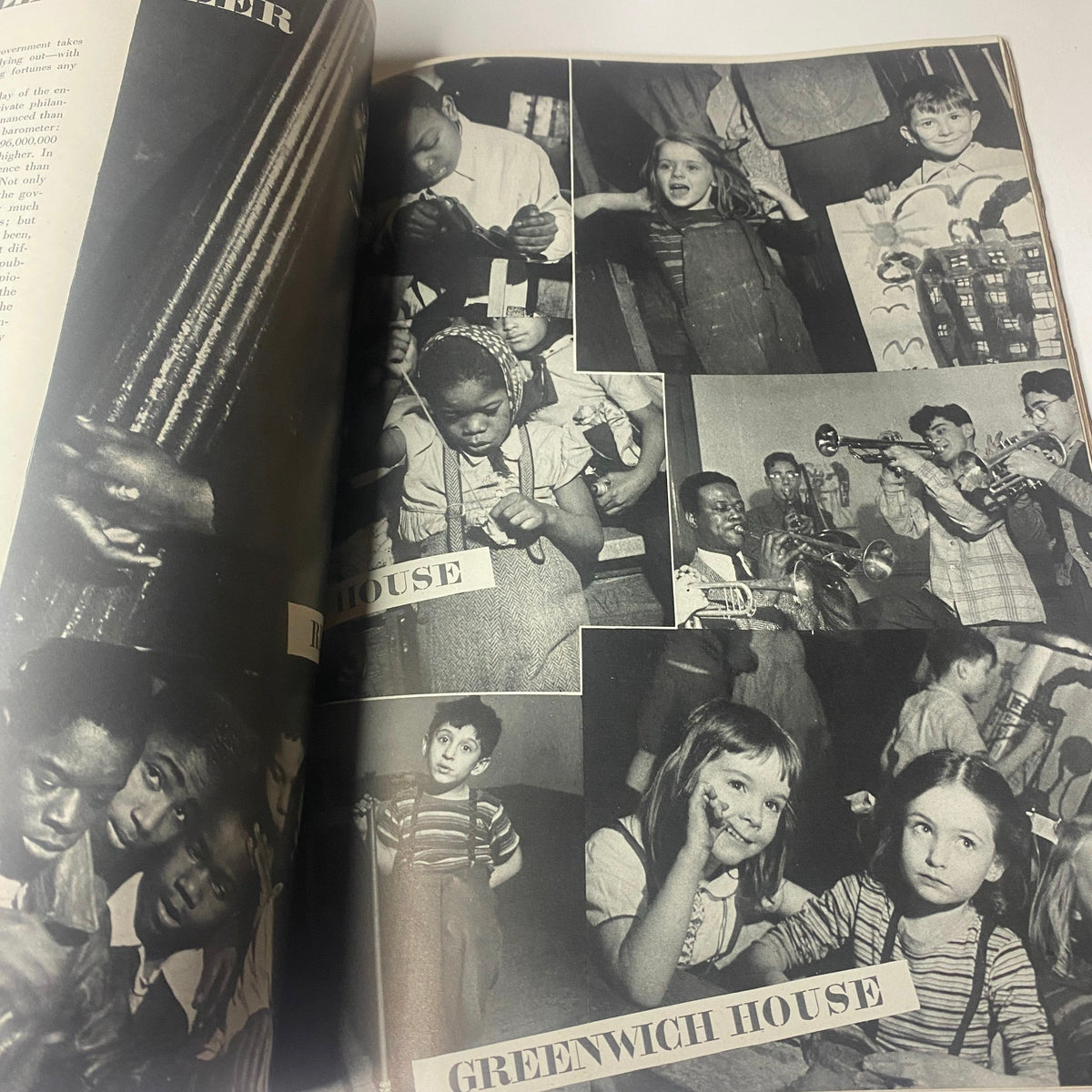 Harper's Bazaar Magazine May 1944 interior photo layout showcasing children at Greenwich House engaged in various activities, representing community life during wartime.