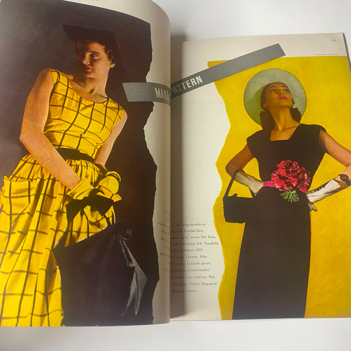 Harper's Bazaar Magazine May 1944 fashion spread featuring vibrant dresses with patterns, highlighting summer fashion trends from the era.