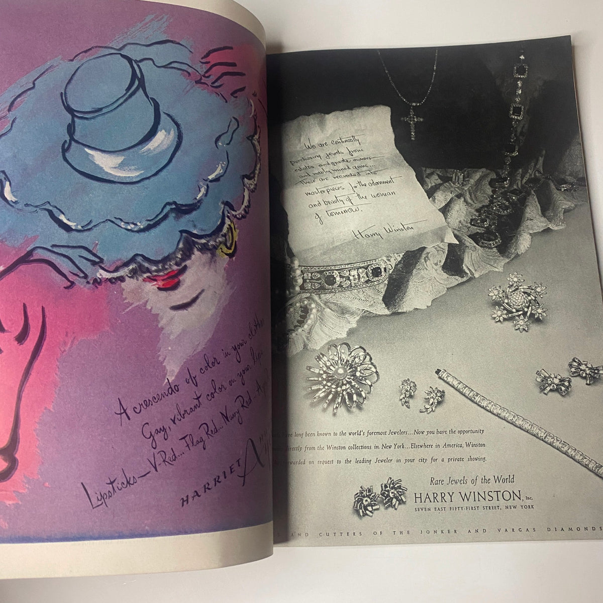 Harper's Bazaar Magazine May 1944 interior spread featuring artistic advertisement for Harry Winston jewels, showcasing luxury and elegance.
