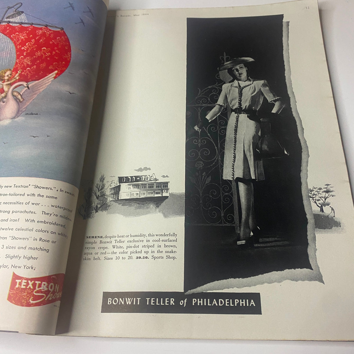 Interior page from Harper's Bazaar Magazine May 1944 featuring a model in a Bonwit Teller outfit, showcasing fashion trends of the era.