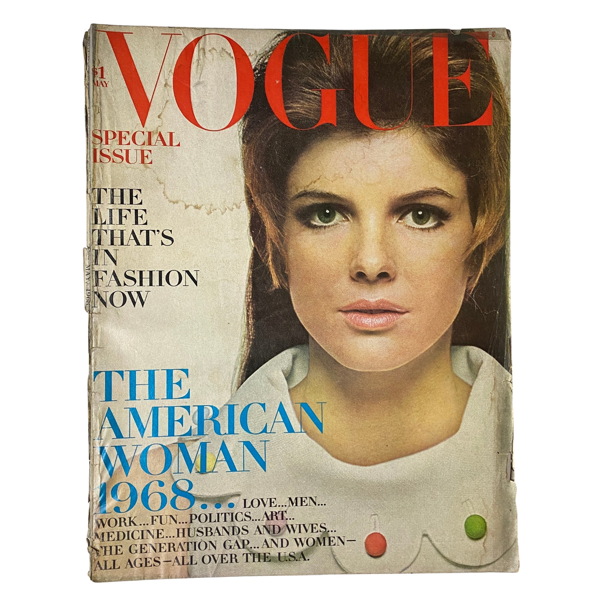 Cover of Vogue Magazine May 1968 featuring actress Katharine Ross, photographed by Bert Stern, showcasing vintage style and fashion from the era.