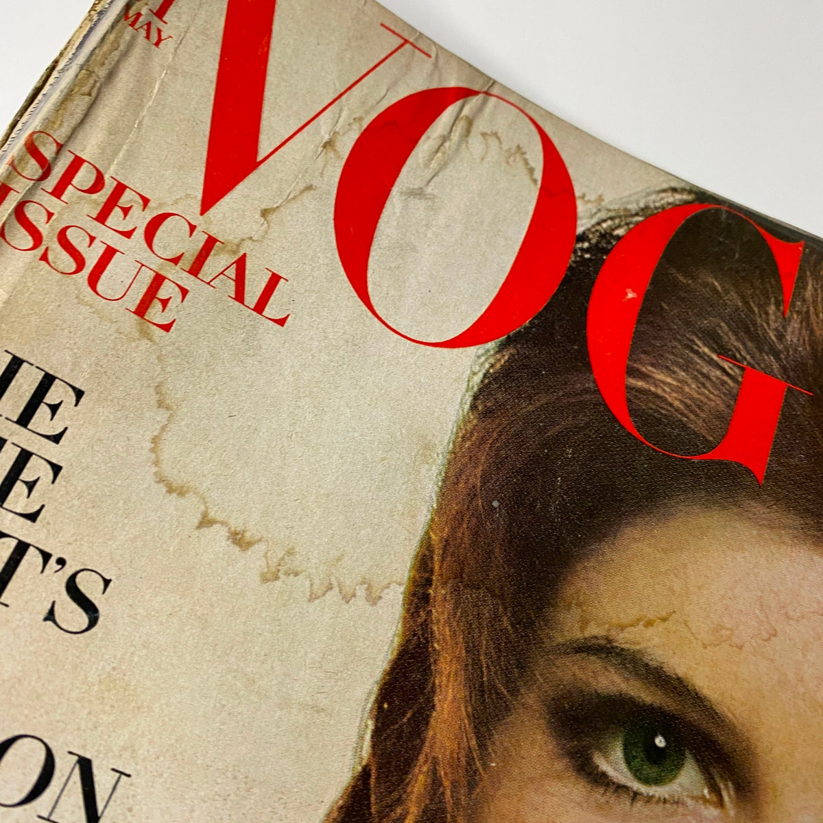 Close-up of the cover of Vogue Magazine May 1968, highlighting the title and wear on the magazine, featuring actress Katharine Ross photographed by Bert Stern.