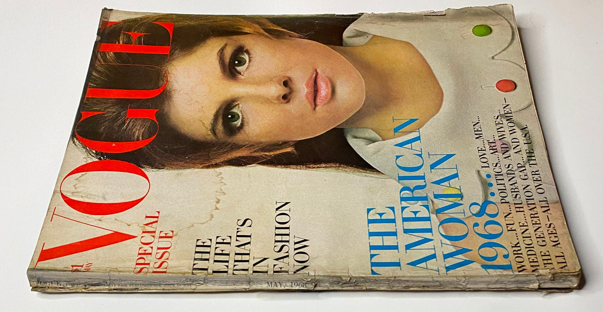 Vogue Magazine May 1968 cover featuring a fashion model, showcasing the theme 'The American Woman 1968'. Captured by Bert Stern with visible vintage wear.