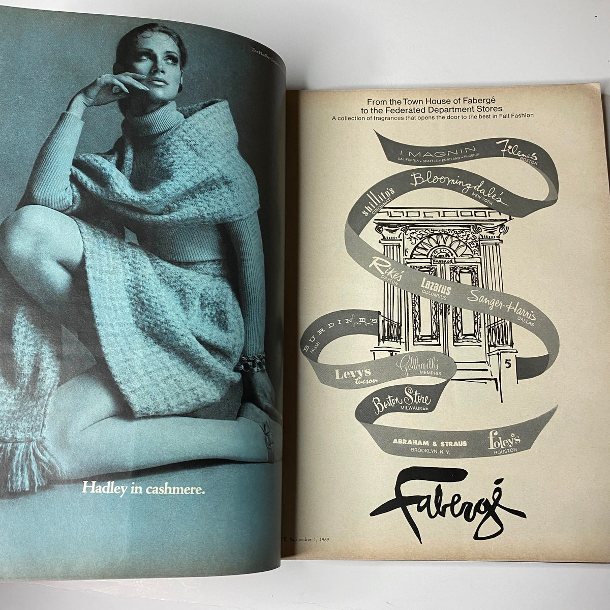 Fashion advertisement from Vogue Magazine September 1, 1969 showcasing 'Hadley in cashmere' with a model styled in a chic display, highlighting the era's trend in high fashion.