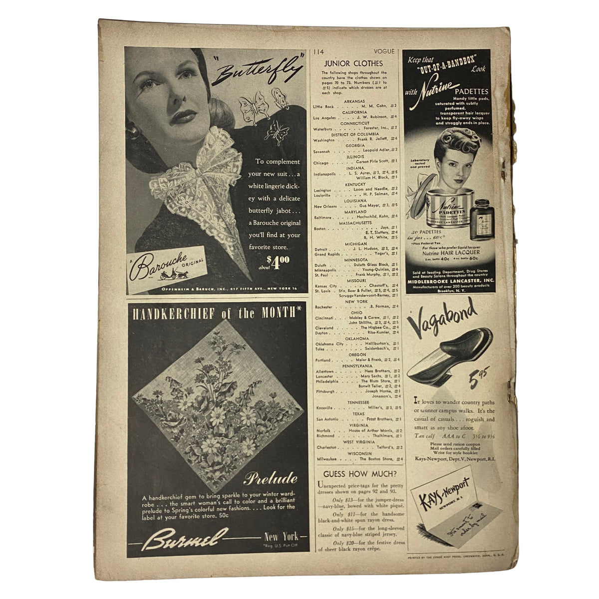 Back cover and content overview of Vogue Magazine February 1, 1944 Americana Number by Irving Penn, highlighting advertisements and junior quotes indicative of wartime fashion trends.