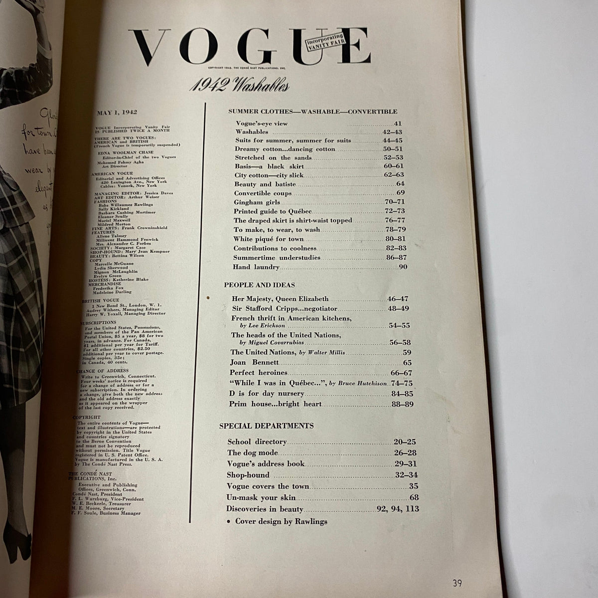 Interior page of Vogue Magazine May 1, 1942 displaying the table of contents for summer washable and convertible fashion features.