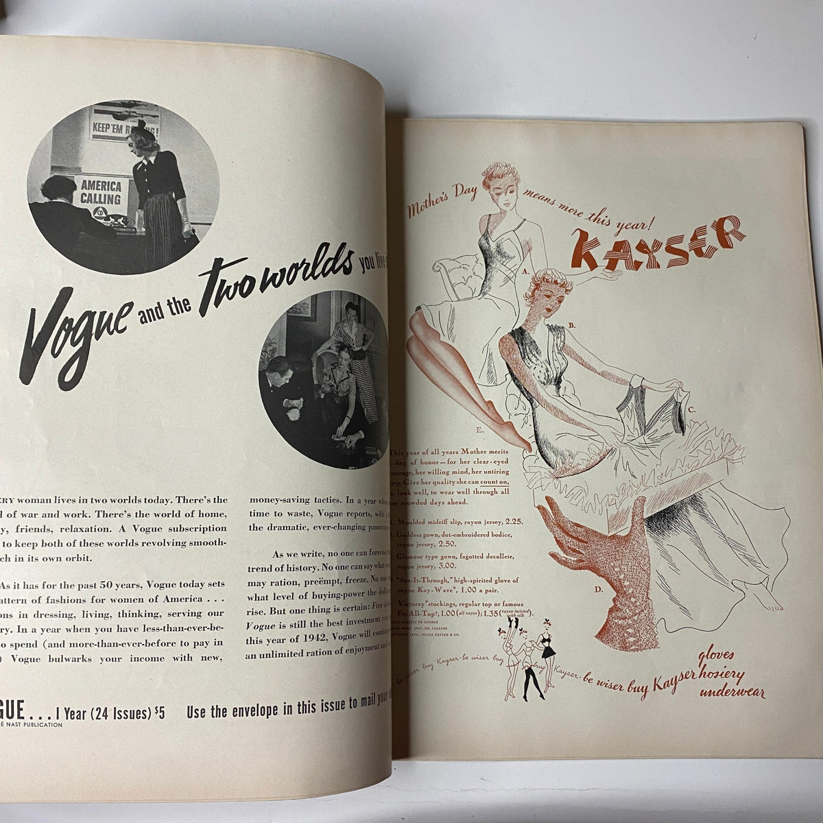 Two-page spread in Vogue Magazine May 1, 1942 showcasing advertisement of Kayser with illustrations and fashion commentary.