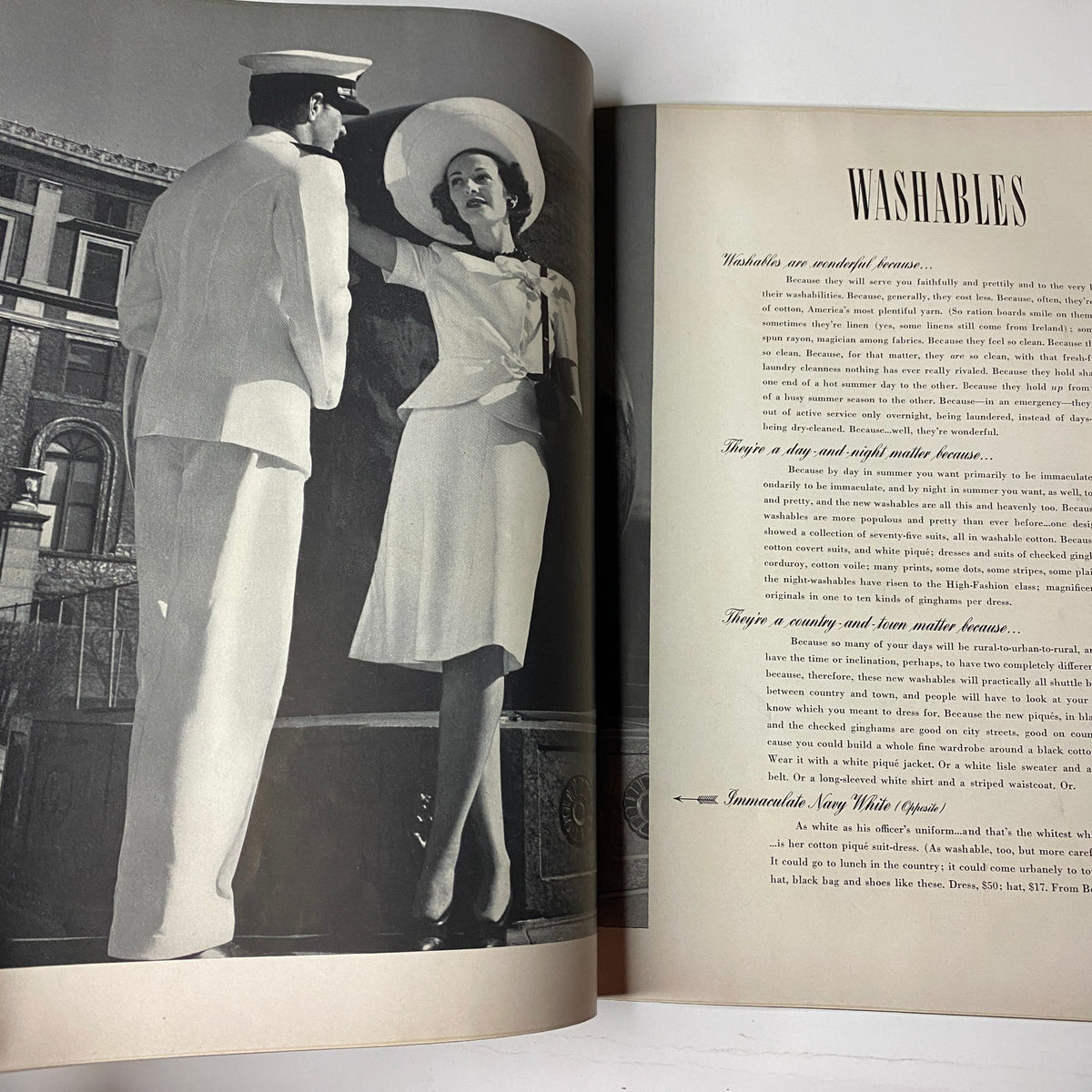 Interior page of Vogue Magazine May 1, 1942 depicting a fashion illustration related to washable clothing, with a military theme.