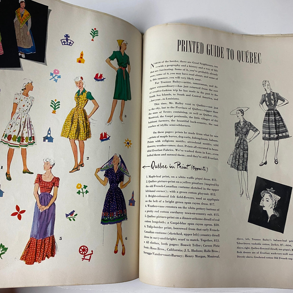 Printed Guide to Quebec from Vogue Magazine May 1, 1942 featuring vintage fashion illustrations of summer dresses, showcasing the playful styles of the era.