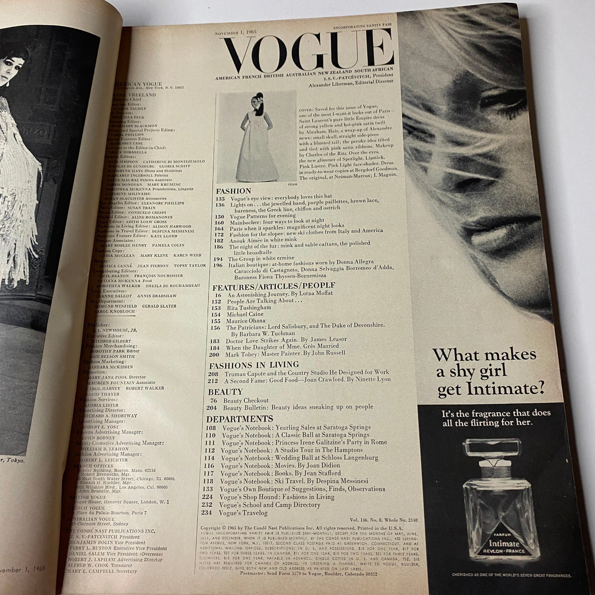 Interior page of Vogue Magazine November 1, 1965 displaying the table of contents, highlighting various fashion articles and features.