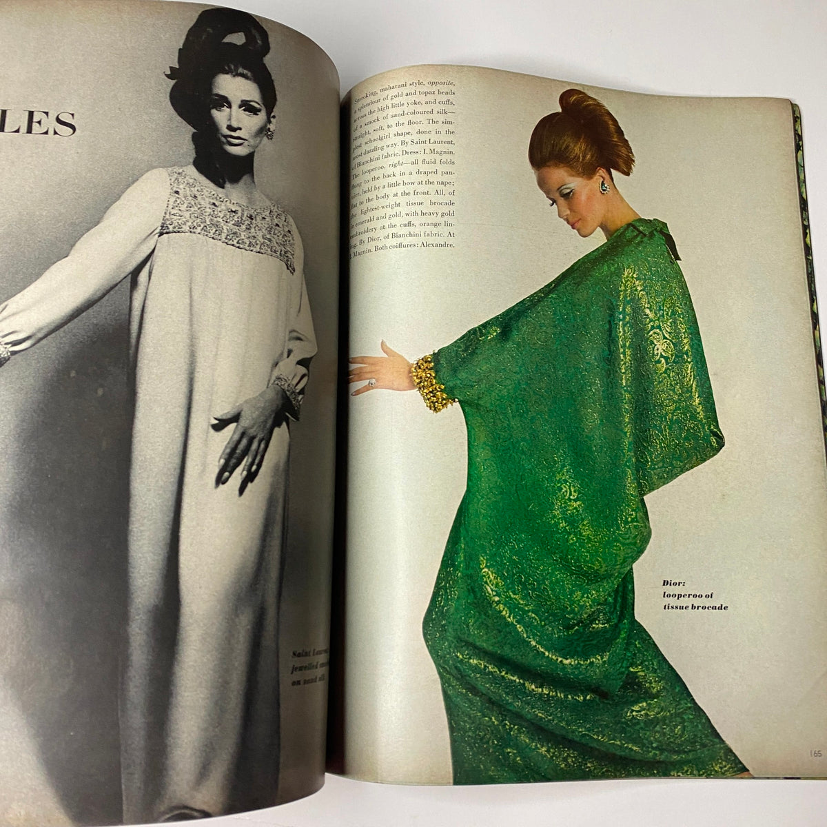 Vogue Magazine November 1, 1965 showcasing a model in a glamorous green gown, emphasizing mid-1960s vintage fashion photography.