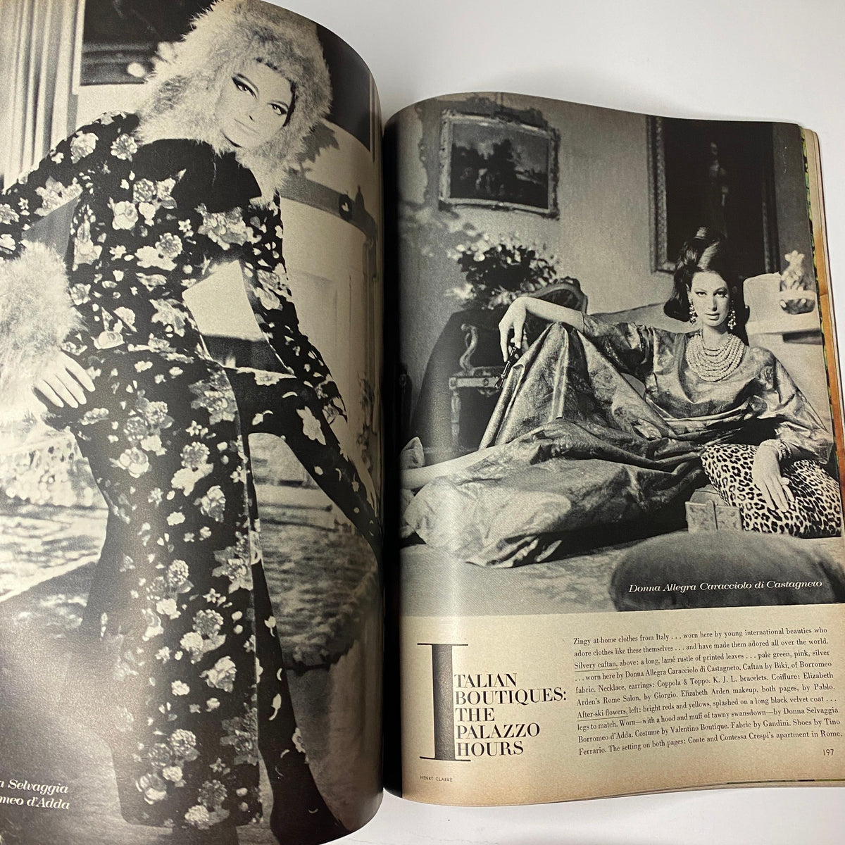 Vogue Magazine November 1, 1965 showing a fashion editorial with models in luxurious gowns and accessories, embodying the high fashion aesthetics of the 1960s.
