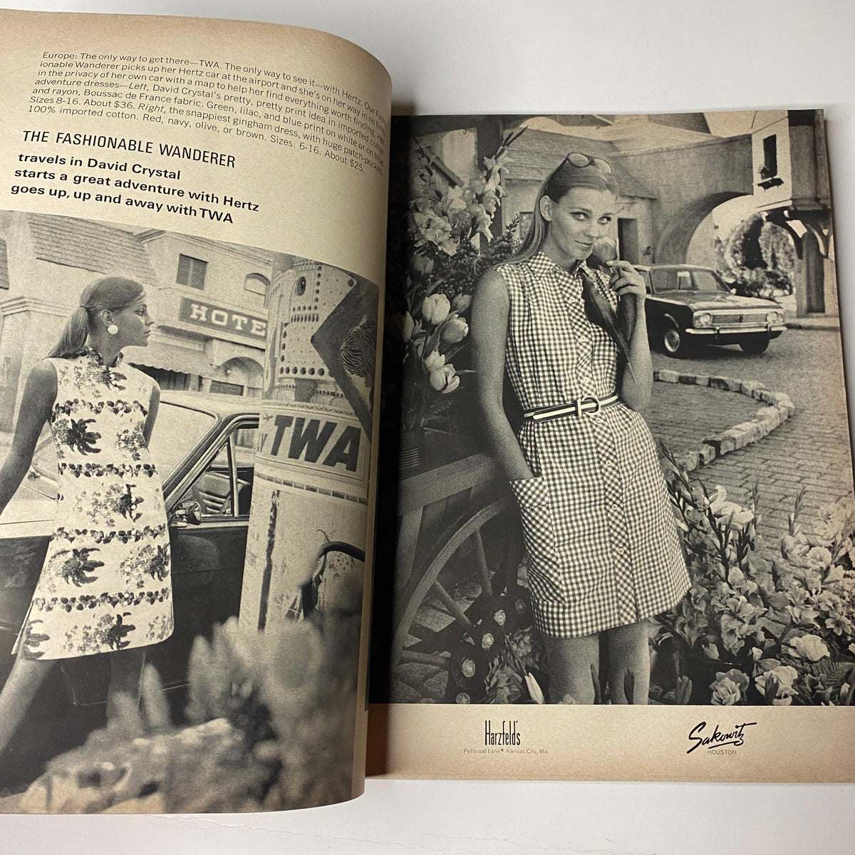 Interior fashion spread from Vogue Magazine April 1, 1968 Veruschka Cover by Irving Penn, displaying 1960s fashion styles featuring models and classic cars.