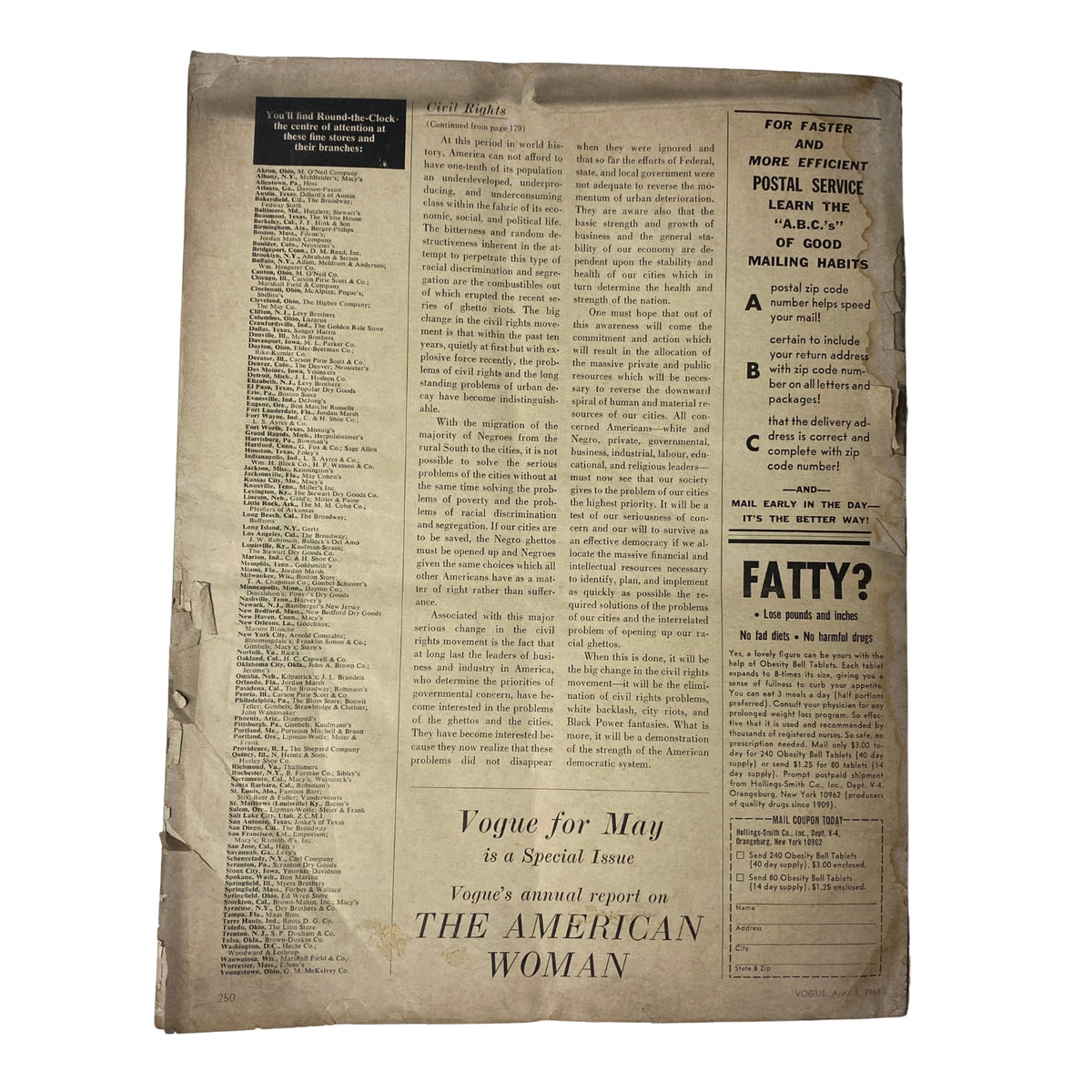 Vogue Magazine April 1, 1968 revealing the back page with vintage advertisements and articles, showing age-related wear.