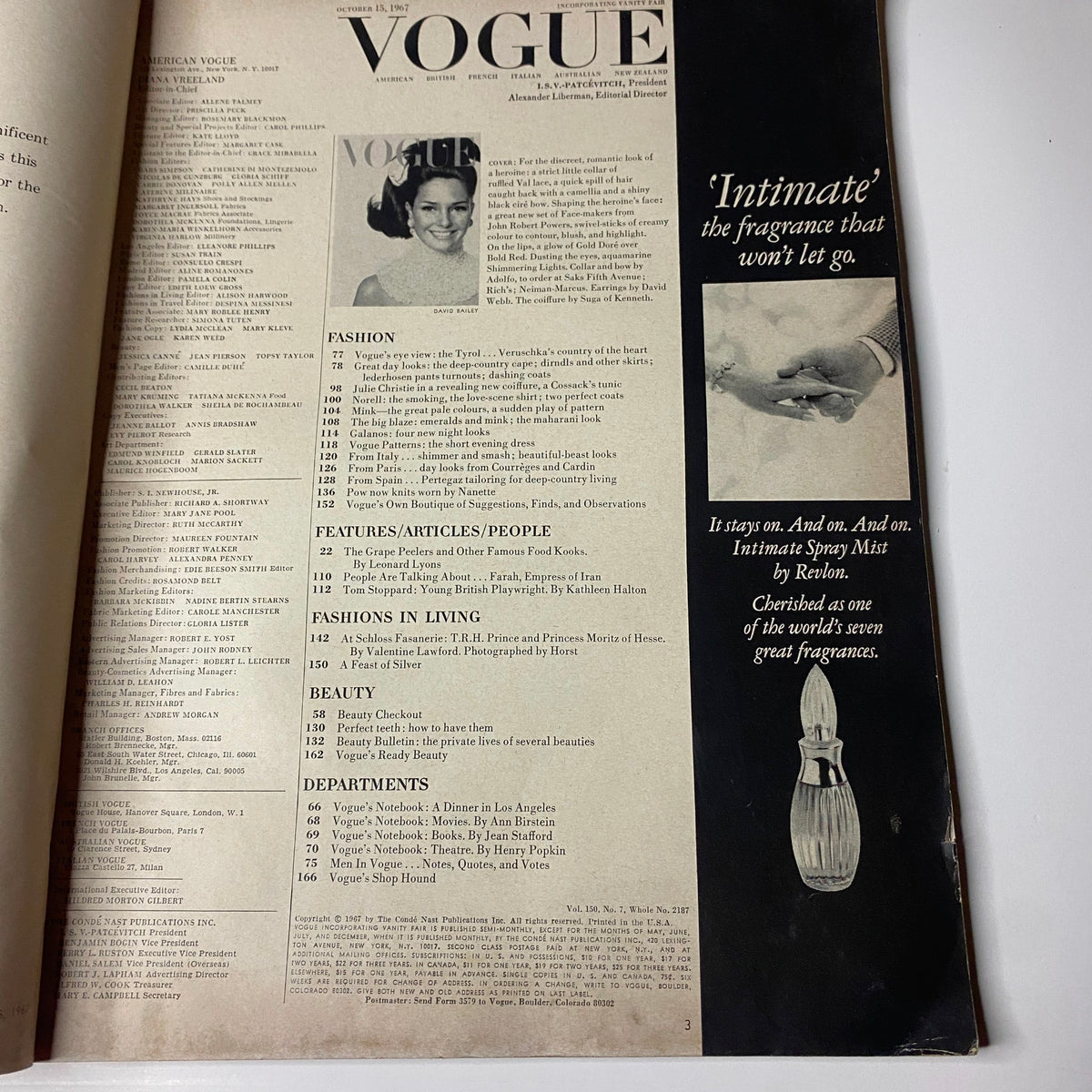 Inside page of the vintage Vogue Magazine, October 15, 1967, displaying the table of contents, reflection of fashion articles and features.