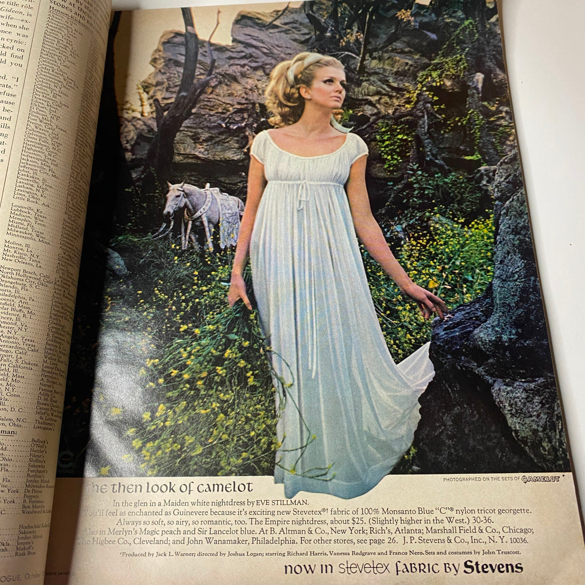 Vogue Magazine October 15, 1967, featuring a model in a flowing, lightweight dress in a natural setting, emphasizing the then look of camelot, photographed by Yves St. Laurent.