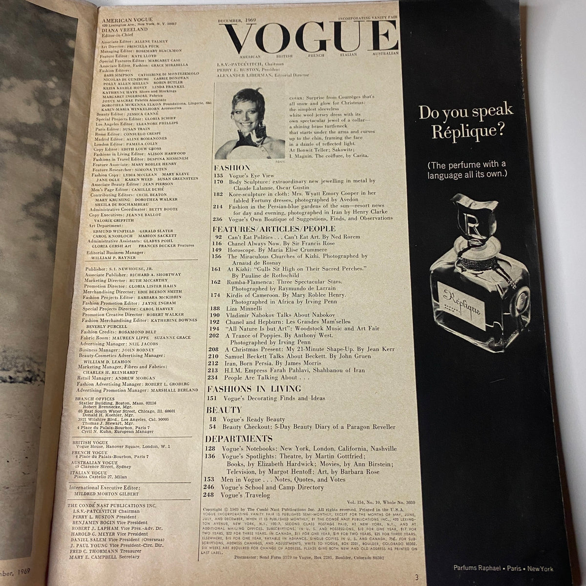 Interior page from Vogue Magazine December 1969 displaying the Table of Contents. Includes features such as articles, fashion sections, and advertisements, showcasing a rich heritage of mid-century fashion culture.