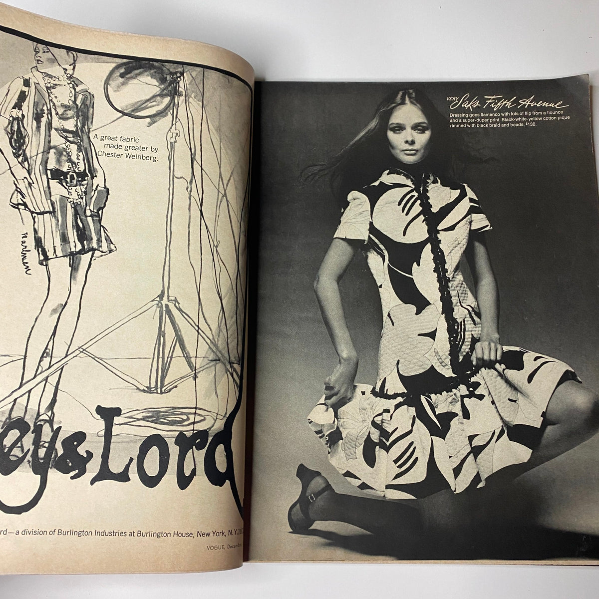 Vogue Magazine December 1969 showcasing a fashion editorial with a model in a floral dress styled by Irving Penn, highlighting late-1960s fashion trends.