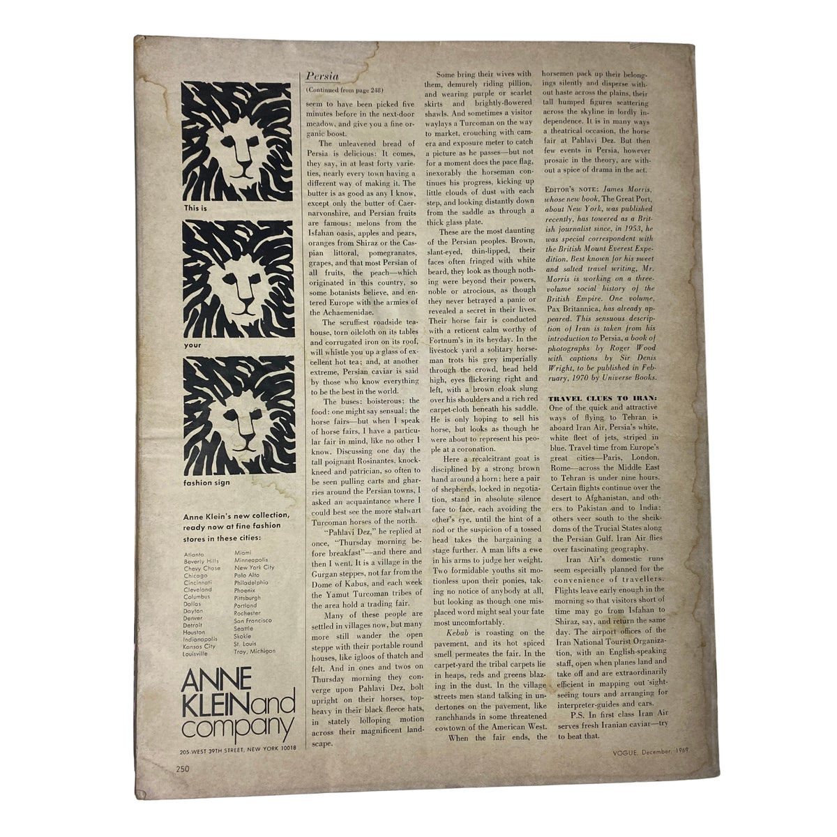 Interior page of Vogue Magazine December 1969 with a detailed advertisement for Anne Klein and Company. This page showcases the design aesthetics of period advertisements, reflecting the style and culture of that era.